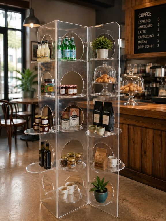 LUCITE DISPLAY SHELF UNIT 68": Oversized lucite display shelf unit featuring a sculptural zig-zag design with open circular cutouts and alternating shelves extending from both sides. This freestanding acrylic display offers excepti