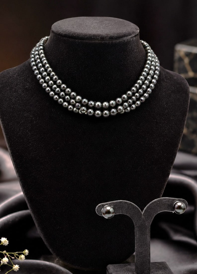 BLACK PEARL NECKLACE & EARRING SET 18": This elegant black cultured pearl jewelry set includes a multi-strand black pearl necklace accompanied by matching black pearl stud earrings. The pearls display rich charcoal-to-peacock overtones with