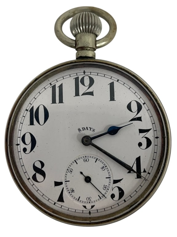 LARGE ANTIQUE 8-DAY POCKET WATCH 2.5": Antique open-face pocket watch featuring a white enamel dial with bold black Arabic numerals, subsidiary seconds register, and blued steel hands. The dial is marked "8 DAYS," indicating an eight-day m