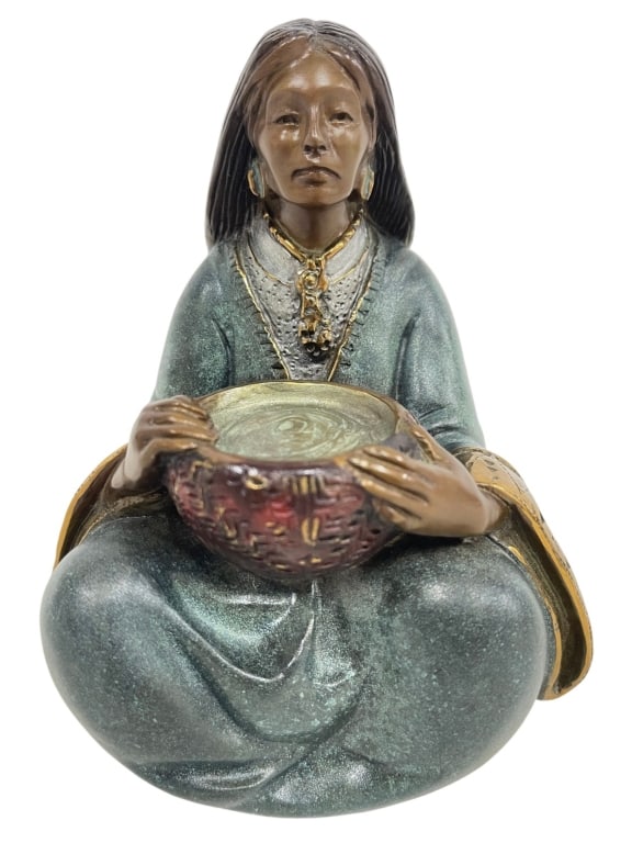 SIGNED RUDOLFO MORALES BRONZE L/ESCUPLTURE 6": Decorative limited edition 362/1200 figural bronze sculpture attributed to Mexican artist Rudolfo Morales, depicting a seated indigenous woman holding a ceremonial bowl. The figure is rendered with a 