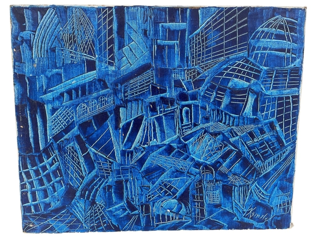 SIGNED ABSTRACT BLUE CITYSCAPE OIL ON CANVAS 20": Striking signed abstract cityscape oil painting rendered in vivid shades of cobalt and sapphire blue. The composition features a complex network of architectural forms, geometric structures, and urban