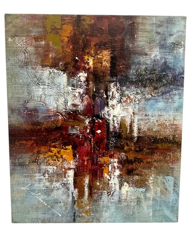 ABSTRACT IMPASTO COMPOSITION ON CANVAS 24": Contemporary abstract composition featuring a richly textured impasto surface with layered tones of burgundy, rust, ochre, cream, charcoal, and soft blue-gray. The work is centered around a dynamic cr