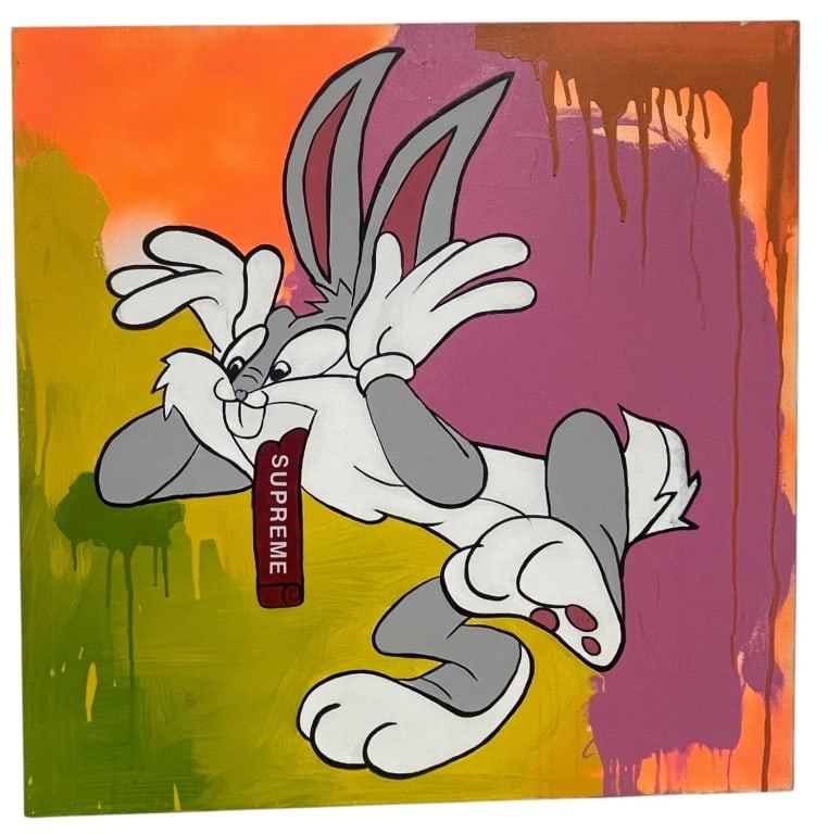 CONTEMPORARY BUGS BUNNY POP ART CANVAS 24": Bold contemporary pop art canvas featuring the iconic Bugs Bunny character rendered in a playful reclining pose against a vibrant abstract background of orange, purple, yellow, and green. The composit
