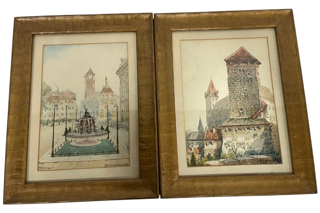 PAIR OF EUROPEAN CITYSCAPE WATERCOLORS 14": Charming pair of framed European watercolor paintings depicting historic city and architectural scenes. One watercolor features a fountain plaza identified as "Berlin Schlossplatz," while the companio