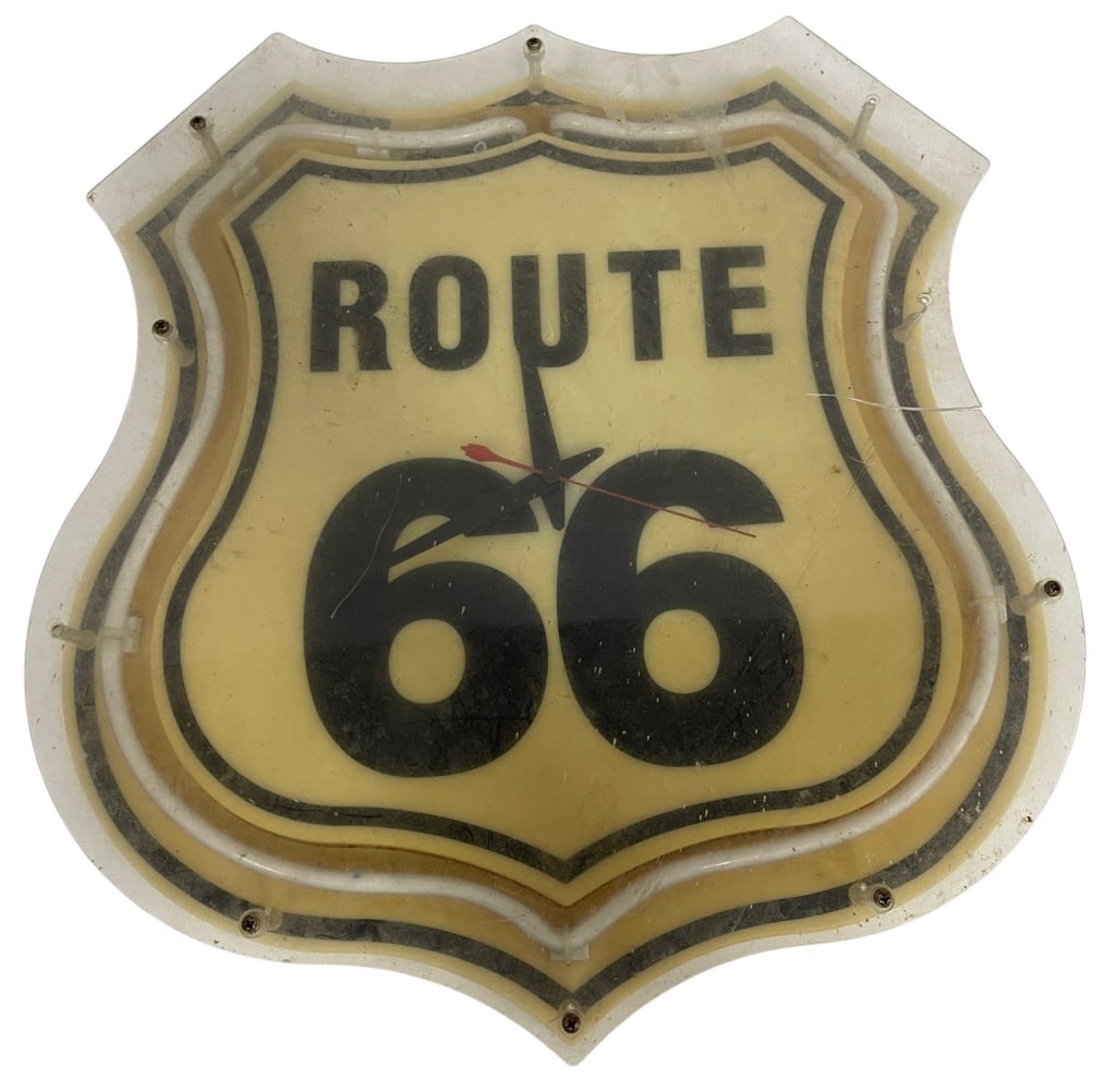 ROUTE 66 NEON-STYLE WALL SIGN AS-IS 19.5": Vintage-style Route 66 shield-form illuminated wall sign featuring a faux neon tube design mounted within a clear acrylic housing. The iconic highway emblem is rendered in classic black lettering on a