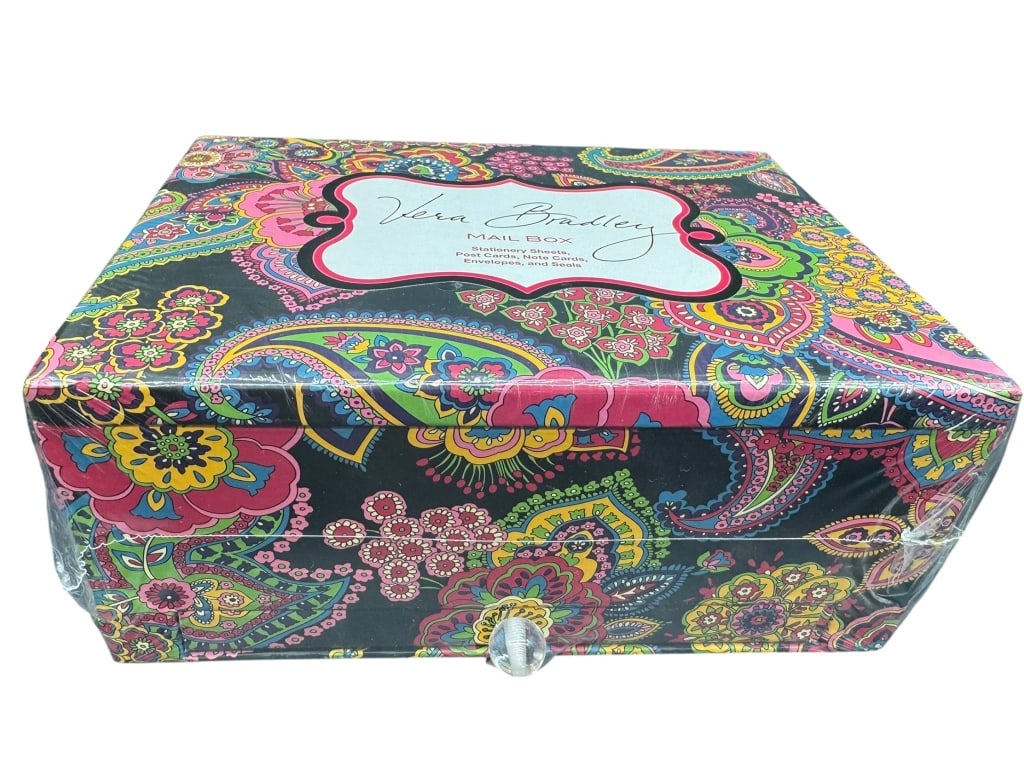 VERA BRADLEY MAIL BOX WITH FLORAL PATTERN: Vera Bradley mail box featuring a colorful floral and paisley pattern. The box is labeled for keepsake storage and measures approximately 10 inches wide by 8 inches deep. Shipping Available at www.DeJ