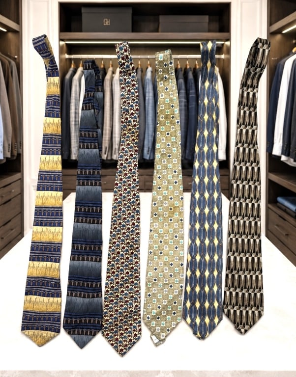 TIE LOT OF 6 DESIGNER & PATTERNED MEN'S TIES: This lot features six men's neckties in a variety of classic and geometric patterns. Included are three Pierre Cardin ties showcasing sophisticated geometric and abstract designs in blue, tan, and bro
