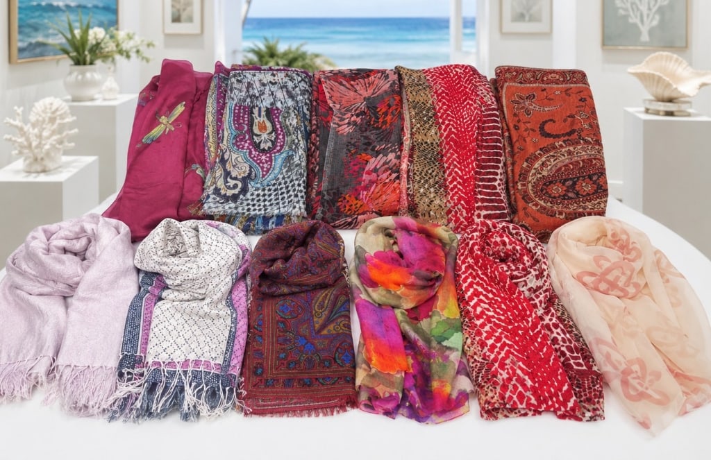 FASHION SCARF COLLECTION WARM TONES ? 11 PCS: This colorful assortment includes eleven fashion scarves in warm, vibrant hues featuring shades of red, coral, pink, burgundy, orange, taupe, and cream. Designs include florals, paisleys, abstract pri