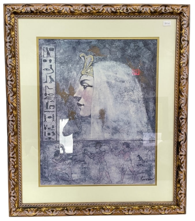 EGYPTIAN REVIVAL PRINT PHARAONIC QUEEN 36": This decorative Egyptian Revival artwork depicts the profile of a regal pharaonic queen set against a textured antiqued background with stylized hieroglyphics and scenes inspired by ancient Egyptian w