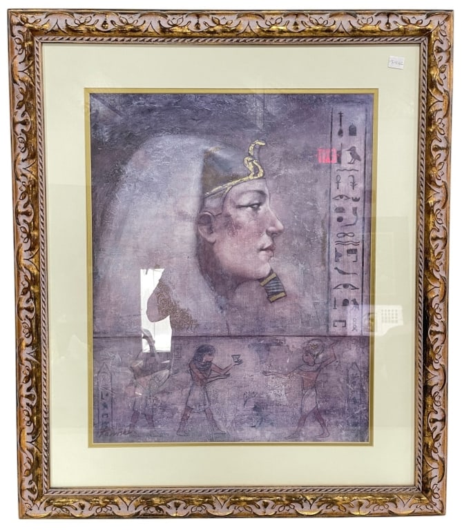 EGYPTIAN REVIVAL PORTRAIT FRAMED PRINT 35": This framed Egyptian Revival artwork depicts a stylized profile portrait of an ancient Egyptian noble or pharaoh-inspired figure, rendered in soft lavender, gray, and muted earth tones. Hieroglyphic m