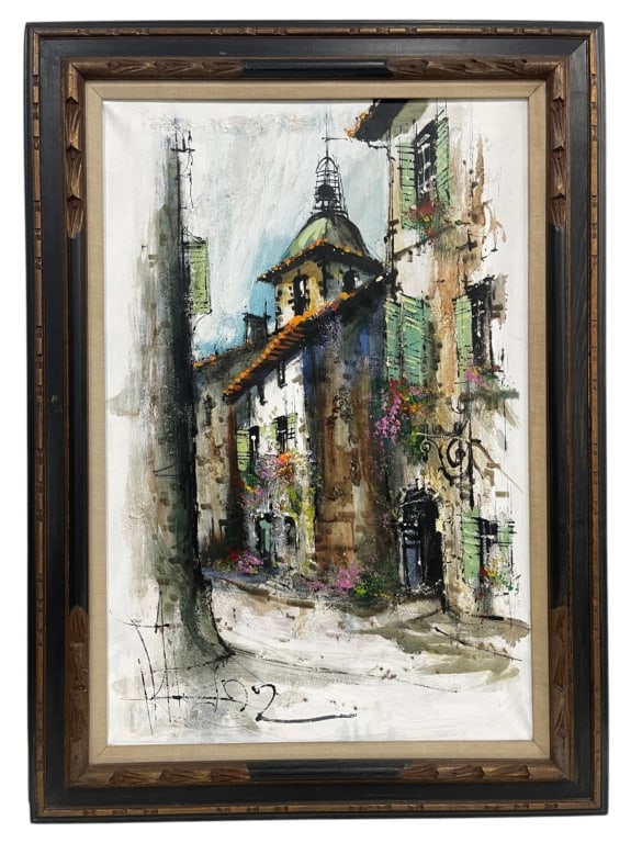 EUROPEAN STREET SCENE OIL PAINTING 44": Charming European street scene rendered in an expressive mid-century style, depicting a narrow village lane lined with historic buildings, green shutters, flowering window boxes, and a distinctive dom