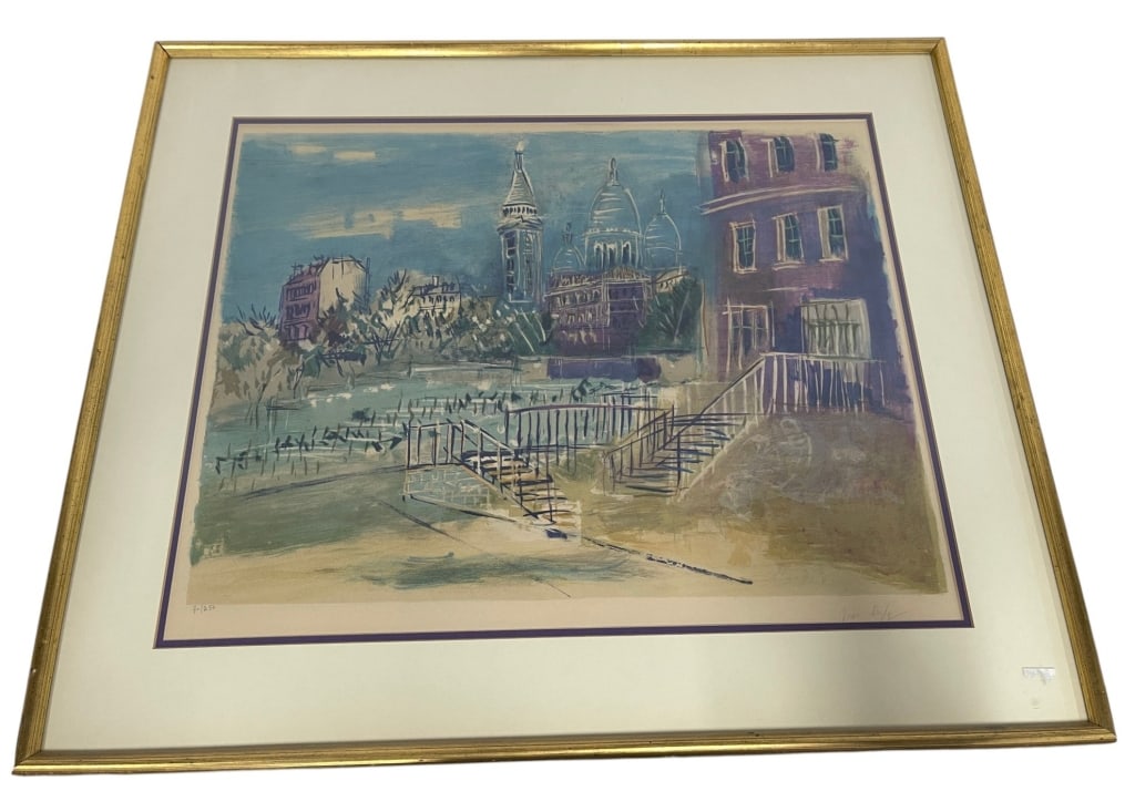 AFTER DUFY LIMITED EDITION PARIS PRINT 33": Decorative limited edition cityscape after Jean Dufy print depicting a Parisian scene with the iconic domes of Sacr?-C?ur rising above surrounding buildings. Rendered in a soft palette of blue, lavend