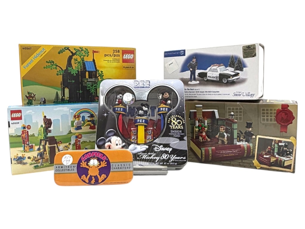 MIXED TOY LOT WITH LEGO, PEZ & DEPT 56: .