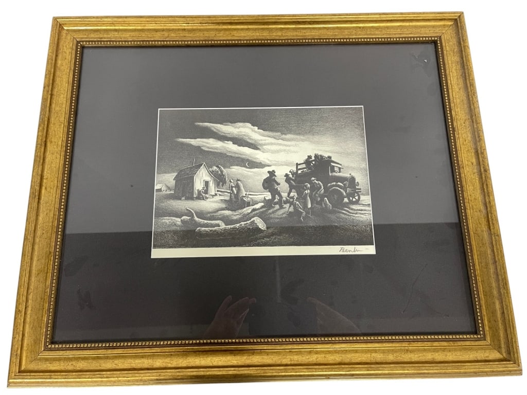 AFTER THOMAS HART BENTON FARM SCENE PRINT 23": Framed black and white print after the work of renowned American Regionalist artist Thomas Hart Benton. The composition depicts a rural farm scene with figures gathered around an early truck beside a