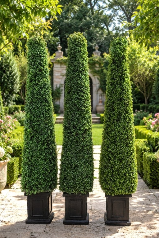 3 ARTIFICIAL BOXWOOD TOPIARIES IN PLANTERS SET 60": A decorative set of three artificial boxwood cone topiaries presented in black square planters. These tall architectural accents offer year-round greenery without maintenance and are ideal for