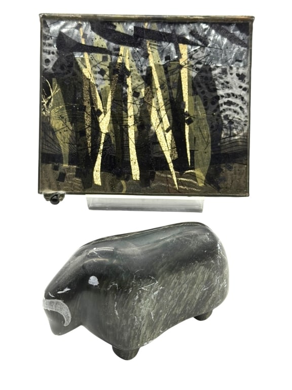 BLACK STONE BEAR & HANDCRAFTED ART BOX LOT 9": A decorative lot featuring a carved black stone bear sculpture together with a handcrafted mixed-media keepsake box. The bear is executed in a smooth, polished dark stone with stylized form and