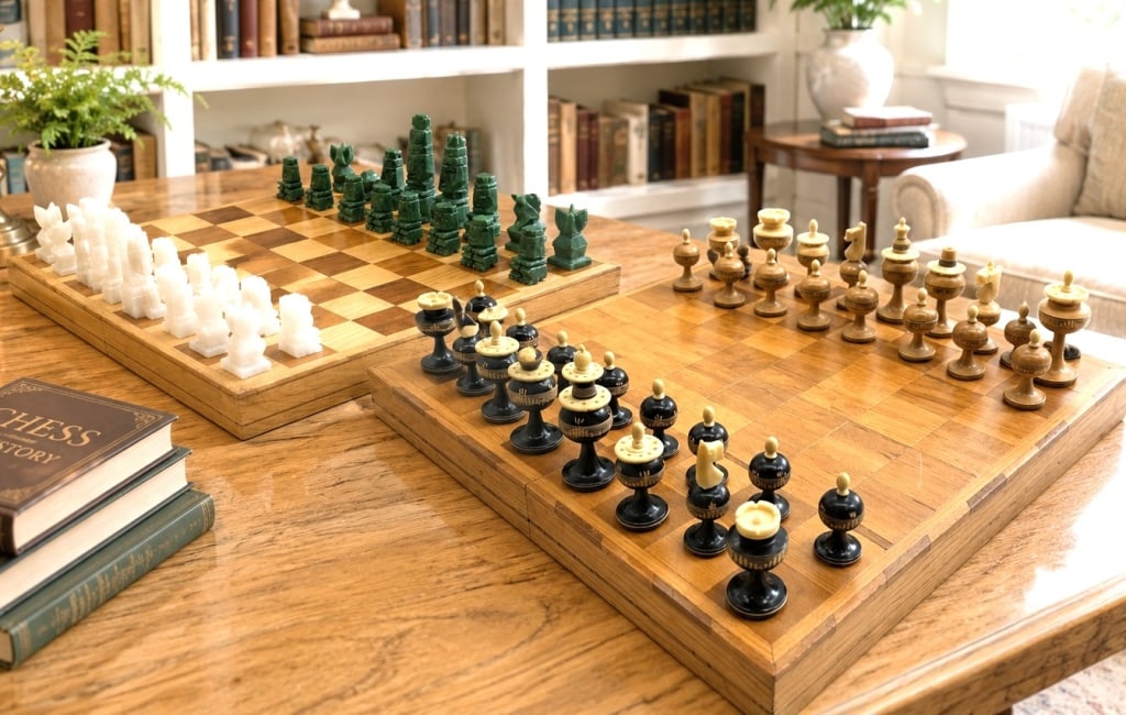 TWO CARVED FOLDING CHESS SETS 18": A distinctive two-piece chess lot featuring an antique hand-carved natural stone chess set with white quartz and green jade-style pieces on a folding wood board. Also included is a Mexican carved
