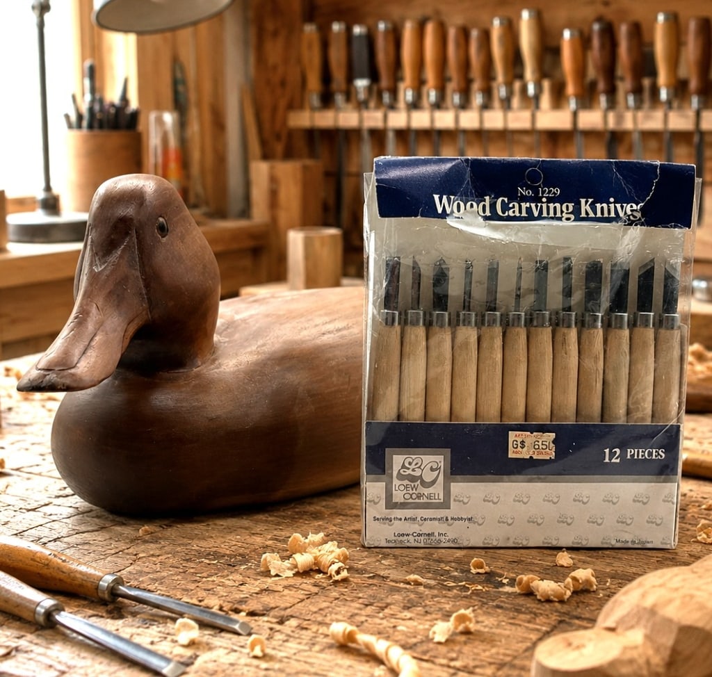 HAND-CARVED WOODEN DUCK DECOY & CARVING TOOLS 15": A charming lot featuring a hand-carved wooden duck decoy together with a vintage Loew-Cornell No. 1229 wood carving knife set. The decoy displays a smooth, minimalist form with warm wood tones and a n