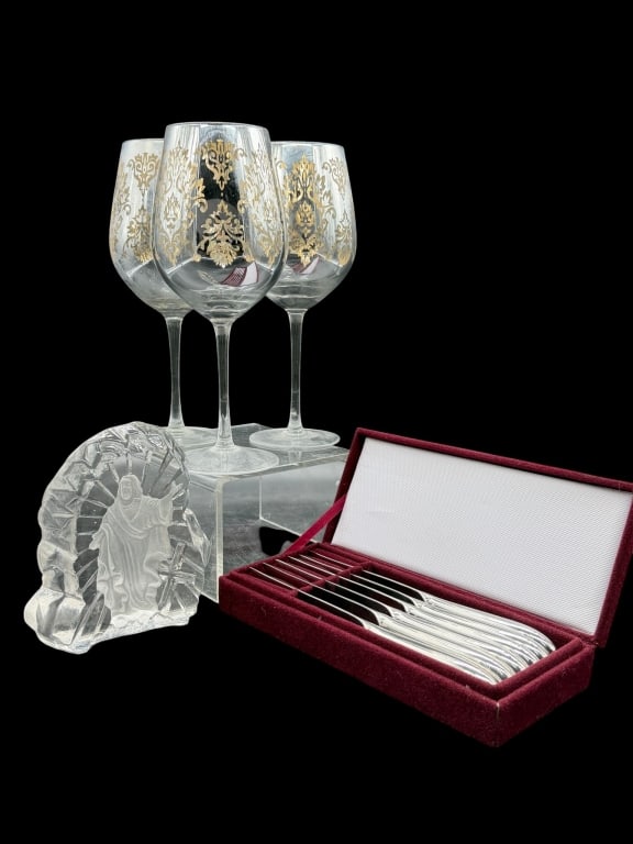 ASSORTED CRYSTAL, STEMWARE & FLATWARE LOT 9" - 3