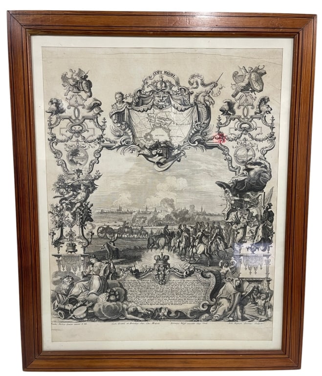 FRAMED ANTIQUE ENGRAVING 24": The work is professionally matted and housed in a warm-toned wood frame, making it an attractive decorative piece for collectors of antique maps, European history, military engravings, and