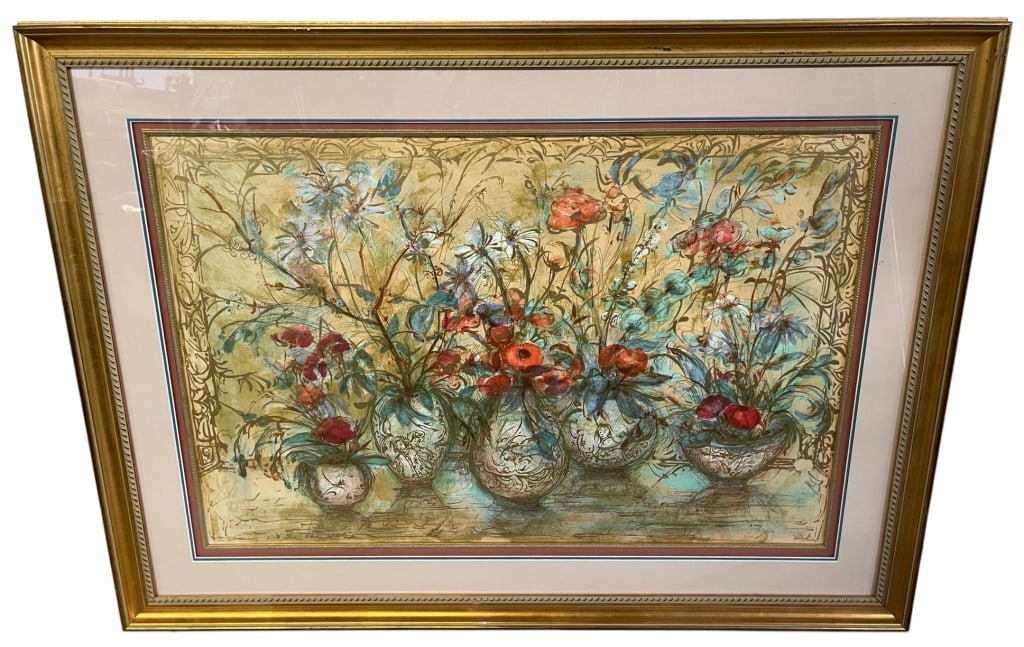 EDNA HIBEL SIGNED FLORAL STILL LIFE LITHOGRAPH 46": Elegant signed floral still life lithograph or mixed-media print depicting an arrangement of colorful wildflowers displayed in decorative urns and bowls. The composition features vibrant red, blue,