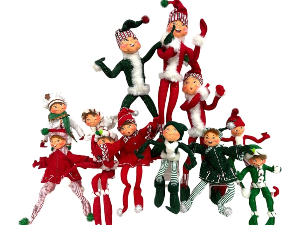 ANNALEE CHRISTMAS ELF ON SHELF DISPLAY GROUP 20": A delightful collection of Annalee Brand Christmas Elves on Shelves, featuring the whimsical handcrafted charm that has made Annalee collectibles beloved by holiday decorators for generations. This