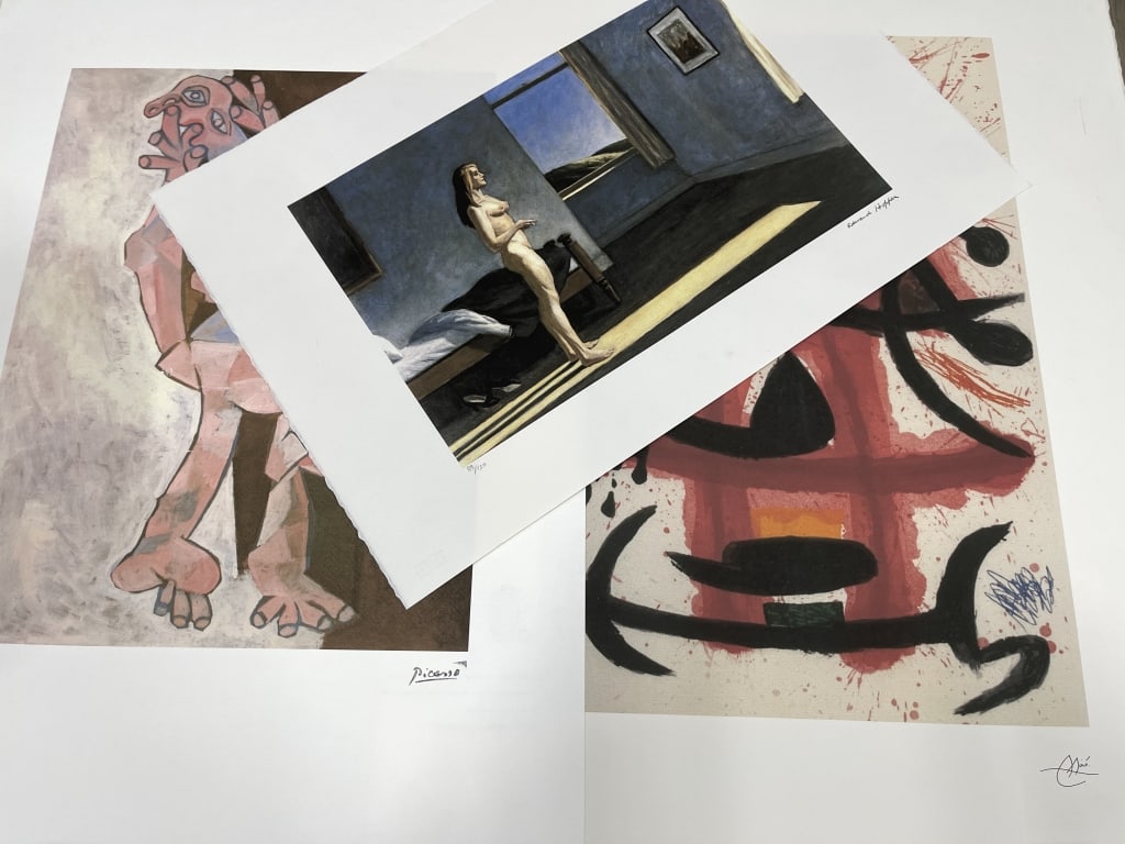PICASSO DALI HOPPER THREE MODERN ART PRINTS 30": Group lot of three decorative modern art reproduction prints on paper after notable 20th-century artists. The collection includes a Picasso-style figural composition, a Joan Mir?-inspired abstract wor