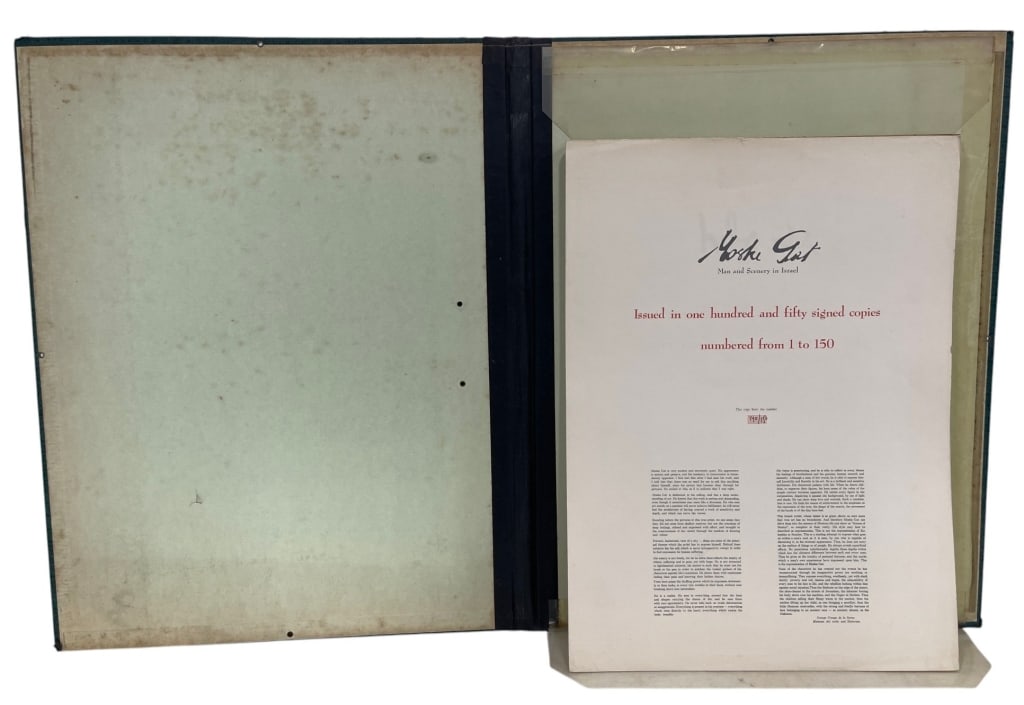 MOSHE GAT SIGNED LIMITED EDITION PORTFOLIO 26": Limited edition art portfolio by Israeli artist Moshe Gat titled "Man and Scenery in Israel." This presentation portfolio contains a suite of signed works issued in a limited edition of only 150 copie