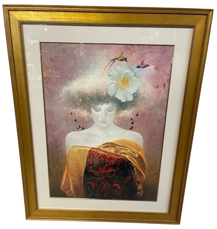 FRAMED CONTEMPORARY FEMALE PORTRAIT PRINT 44": Elegant contemporary portrait depicting a serene young woman adorned with a dramatic floral headdress accented by hummingbirds. Rendered in soft pastel tones with rich textural detail, the composition