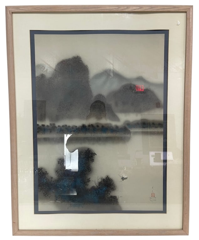 SIGNED ORIENTAL WATERCOLOR LANDSCAPE 38": Delicate Oriental-style watercolor painting depicting a tranquil mountain and lake landscape rendered in soft washes of gray, black, and blue. The composition features mist-covered mountains, a reflec