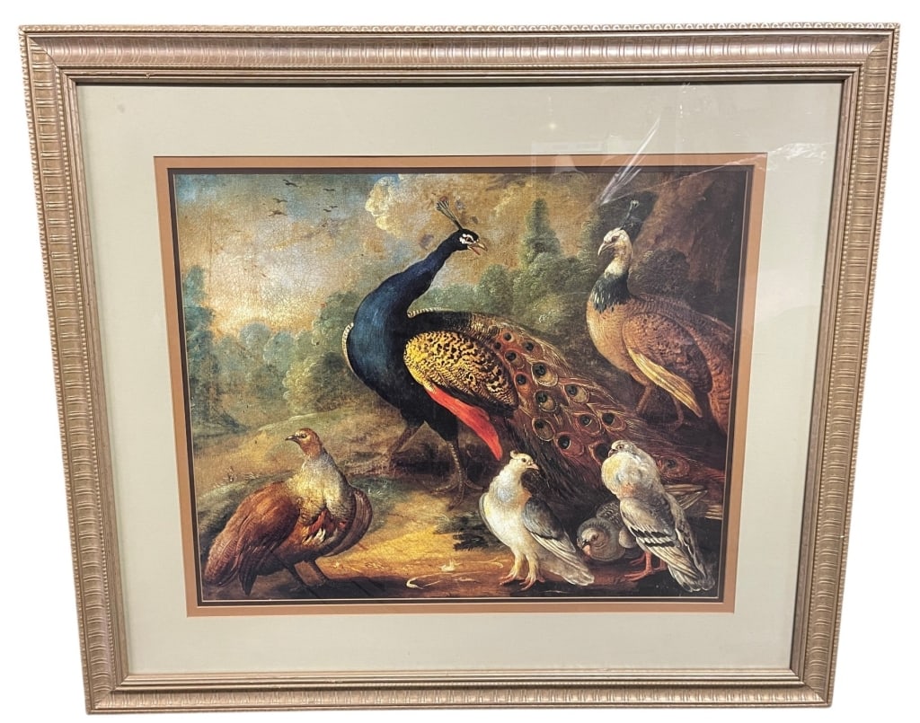 FRAMED PEACOCK & GAME BIRDS PRINT 38": Decorative framed print depicting a colorful peacock surrounded by game birds and doves in a pastoral landscape. The composition is rendered in the style of 18th and 19th century European sporting and
