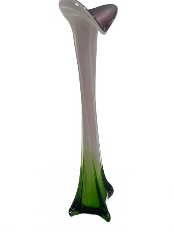 Tall Vintage Green and White Art Glass Vase: Striking vintage hand-blown art glass vase with tall, slender form. Green and white color fades blend elegantly, and the flared mouth features a wavy rim design. Measures approximately 18 inches tall.