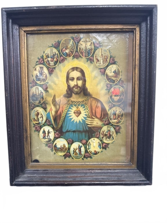 Sacred Heart of Jesus Religious Icon Framed: Vintage framed print of the Sacred Heart of Jesus, featuring detailed surrounding vignettes depicting scenes from Christ's life. The ornate wooden frame shows authentic age and wear. Approximate dimen