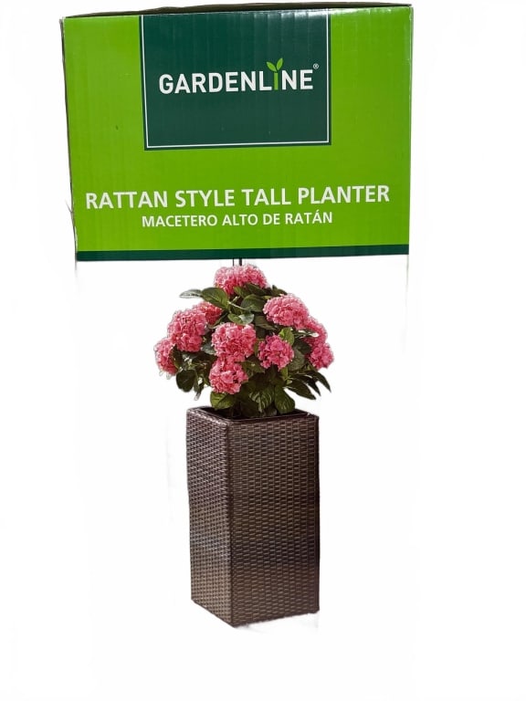 Gardenline Rattan Style Tall Planter: Gardenline rattan style tall planter, model 95939. Suitable for outdoor use, features a 12-inch (30.4 cm) inner liner height. Offers an elegant woven look, ideal for patios or entryways. Durable and w
