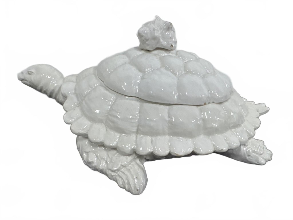 Italian White Glazed Ceramic Turtle Box: Whimsical Italian ceramic box shaped like a turtle, marked "Italy 802" on the base. Features a glossy white glaze and a removable shell lid topped with a small decorative shell. Measures approximately