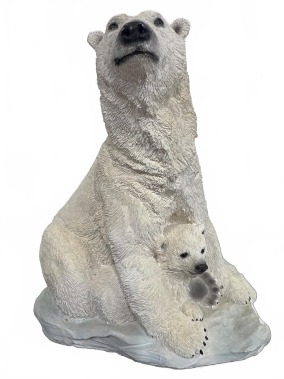 Polar Bear and Cub Resin Figurine, USA: Charming resin figurine featuring an adult polar bear with a cub, finely detailed with lifelike fur texture. Measures approximately 9 inches tall. Made in the USA, includes anti-slip pads on the base.