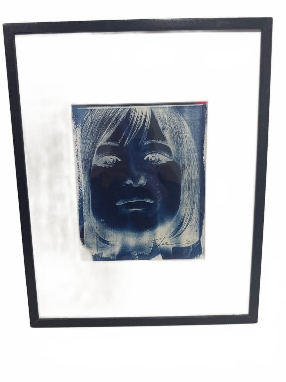 SIGNED NEGATIVE PORTRAIT PRINT FRAMED: Striking negative-style portrait print, signed by the artist in pencil on the lower right. The piece appears to use cyanotype techniques and is housed in a simple black frame with approximate dimensio