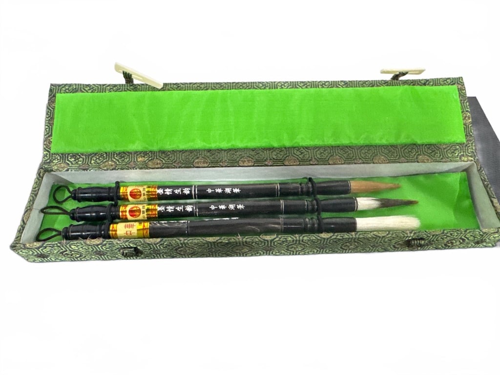 3 Chinese Calligraphy Brushes in Box (1 of 2)