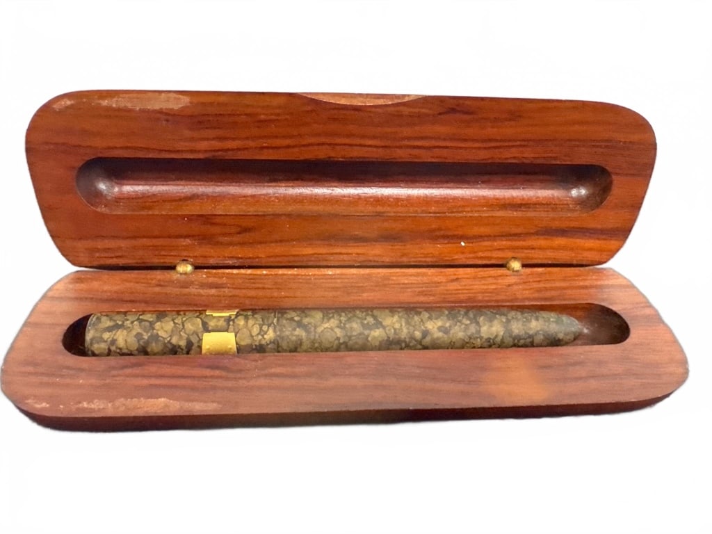 Handcrafted Wood Pen in Wooden Presentation: This unique pen features a handcrafted barrel with a marbled texture and gold-tone accents. It is housed in a fitted polished wood case, approximately 6 inches in length. A refined gift or collectible