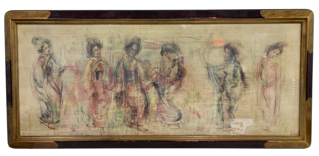 EDNA HIBEL FIGURAL WOMEN PRINT 49": Decorative figural painting depicting six women in flowing traditional garments rendered in a soft, impressionistic style. The composition features muted pastel tones with delicate line work and atmos