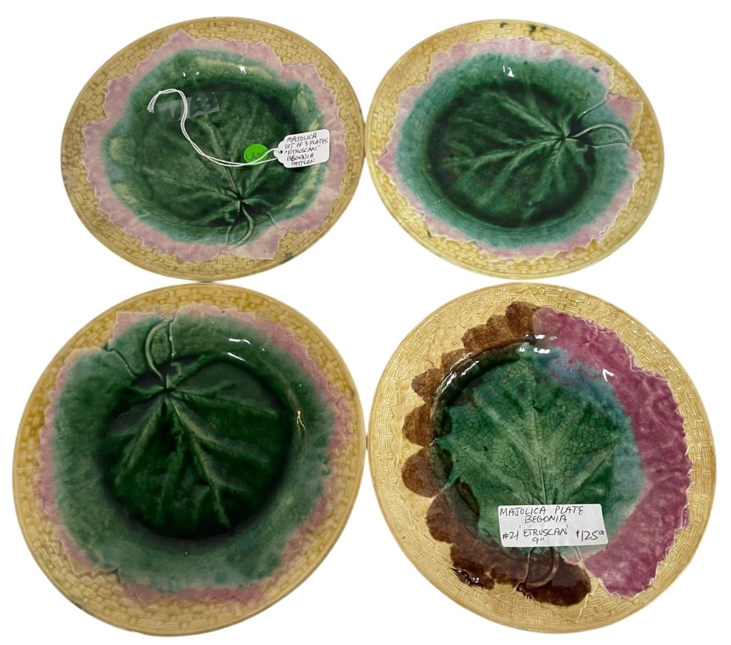 LOT OF 4 ETRUSCAN MAJOLICA BEGONIA PLATES 9in: Set of four Etruscan majolica plates featuring richly molded begonia leaf centers framed by textured basketweave borders. Each plate displays hand-applied glazes in varying shades of green, pink, brow