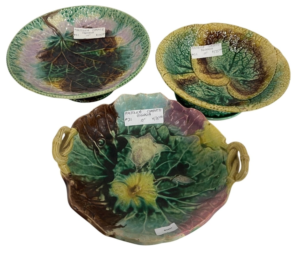 3 MAJOLICA BEGONIA COMPOTES 10in (1 of 7)