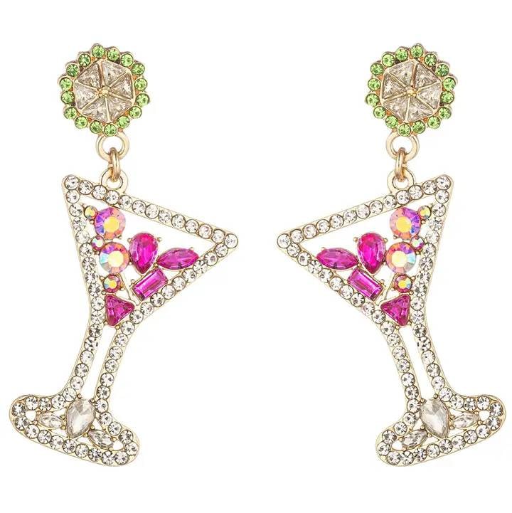 NEW EYE CANDY PINK MARTINI EARRINGS: These lovely Pink Martini Drop Earrings feature glass crystals in a stylish, martini motif design. Each earring is made of plated metal and hangs from a post back earring, providing a comfortable and 