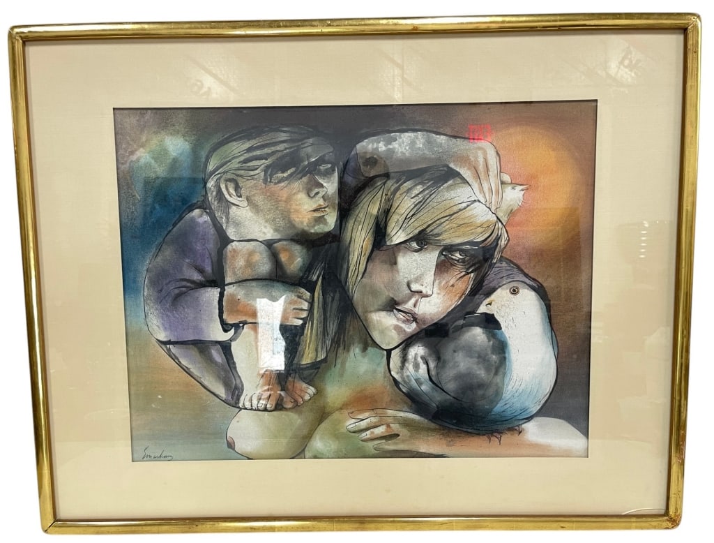 FRAMED ORIGINAL FIGURAL WATERCOLOR 35in: Original watercolor depicting a contemplative young woman with a child resting upon her shoulder accompanied by two white birds. Executed in expressive washes of gray, blue, lavender, ochre, and warm 