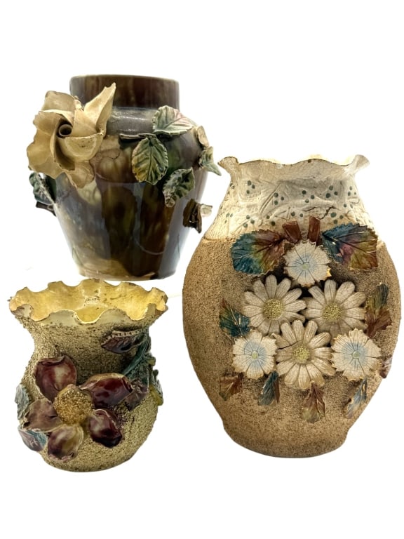 THREE MAJOLICA ART POTTERY VASES 8in (1 of 6)