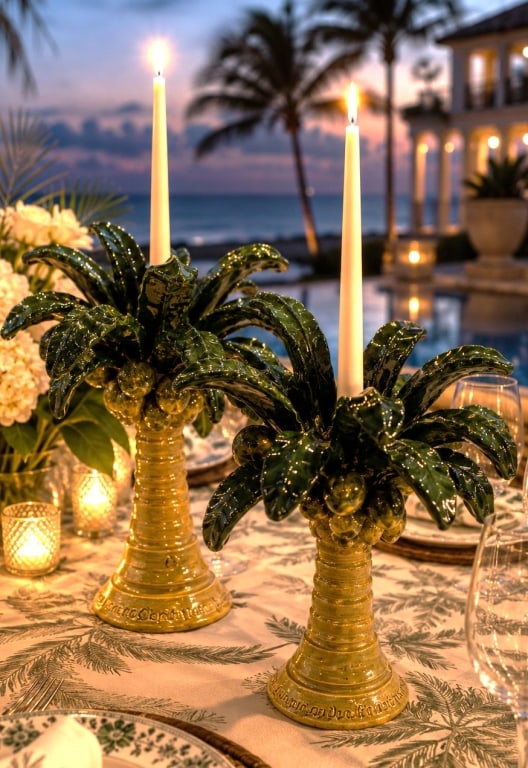PAIR OF HAND MADE PALM TREE CANDLE HOLDERS 11in: Decorative pair of ceramic palm tree candle holders featuring hand-painted green fronds, textured trunks, and sculpted coconuts in a tropical design. Each holder accommodates a standard taper candle a