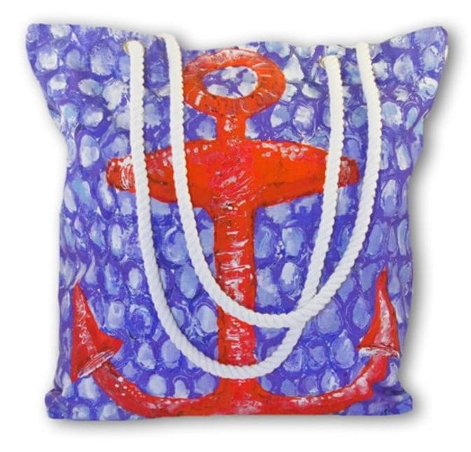 ADORABLE BRIGHT RED ANCHOR BAG: ADORABLE BRIGHT RED ANCHOR BAG WITH BLUE AND WHITE BACKGROUND IS PERFECT FOR BEACH, SHOPPING, OR JUST CARRYING STUFF! IT IS LARGE, PRINTED ON BOTH SIDES AND IS EVEN MACHINE WASHABLE! CREATED BY MY ISL