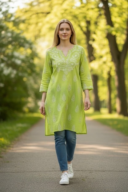 NEW RAJ INDIA COTTON LIME GREEN KURTI TUNIC TOP XL (1 of 2)