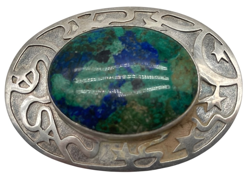 STERLING AZURITE MALACHITE BROOCH 35.4G 2.75in (1 of 6)