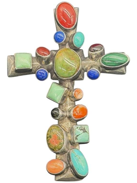 NAKAI STERLING GEMSTONE CROSS 4IN: Striking artisan sterling silver cross by Nakai featuring an array of bezel-set natural gemstones in a bold Southwestern design. The cross is composed of multiple colorful cabochons, including turquoi
